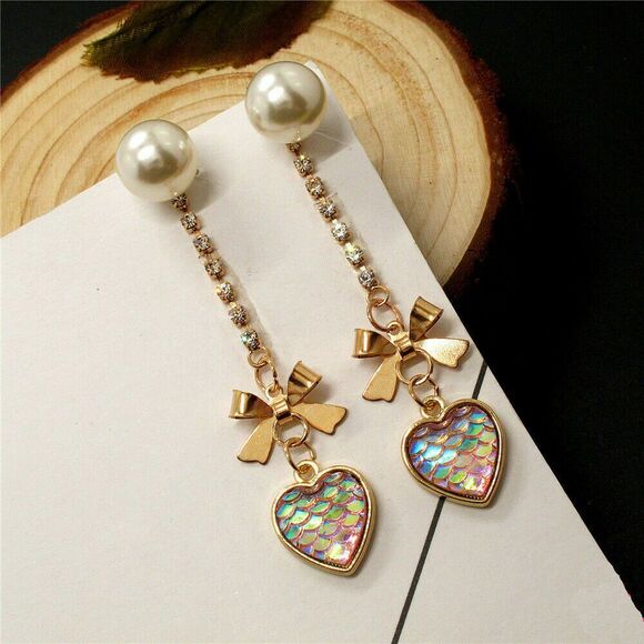 NEW Mermaid Scales Dangle Earrings Iridescent Pink White Gold Stud Mermaidcore - Picture 3 of 7